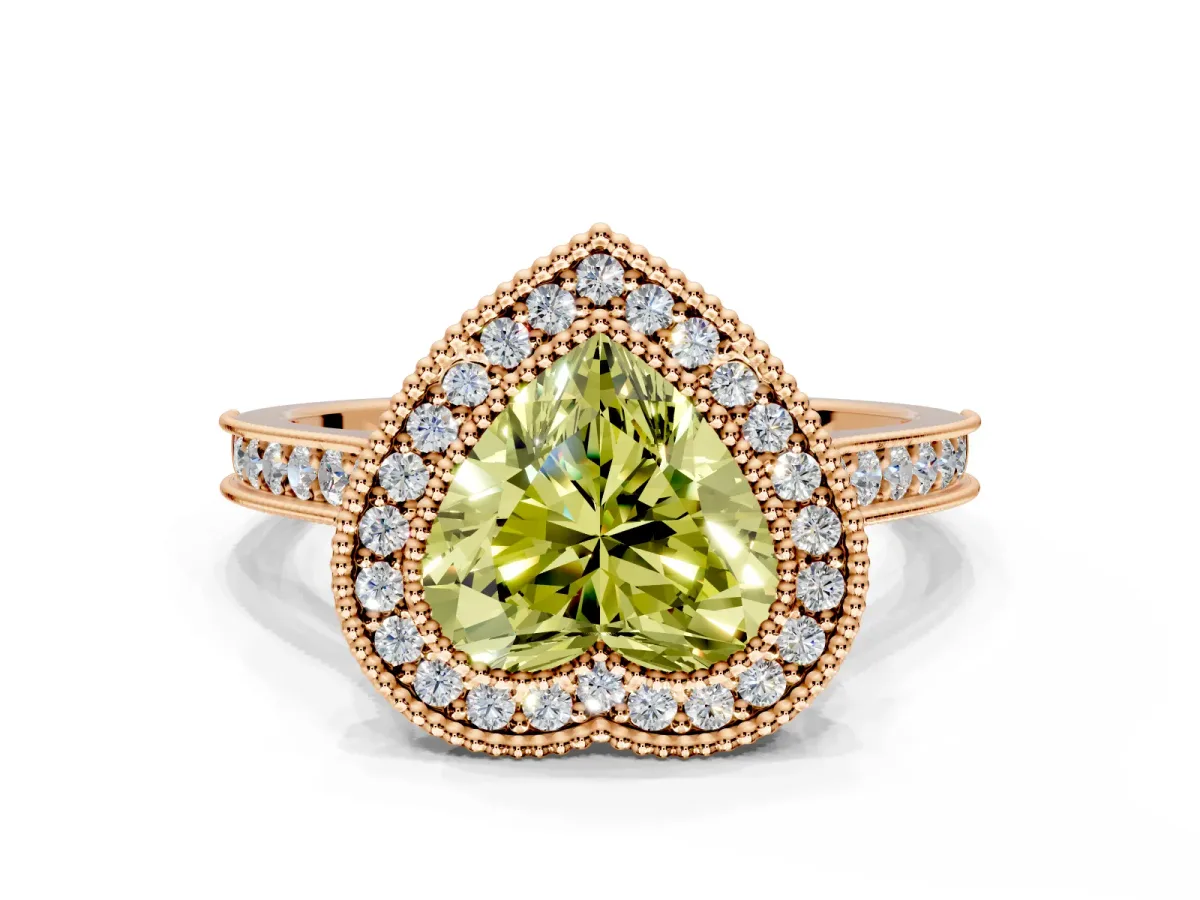 Halo Engagement Ring Setting for Fancy Yellow Heart-Shaped Center with Milgrain Pave Band and Bezel Head in Rose Gold
