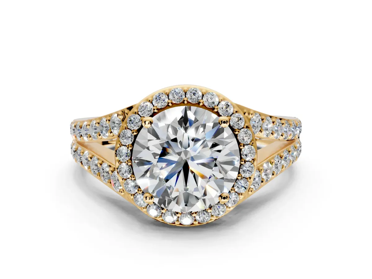 Halo Engagement Ring Setting for Round Cut Center with Narrow Pave Split Shank and Prong Head in Yellow Gold