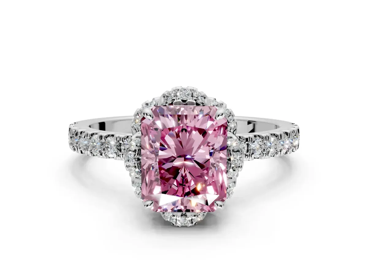 Halo Engagement Ring Setting for Fancy Pink Radiant Cut Center with Openwork Halo, Pave Band and Prong Head in Platinum