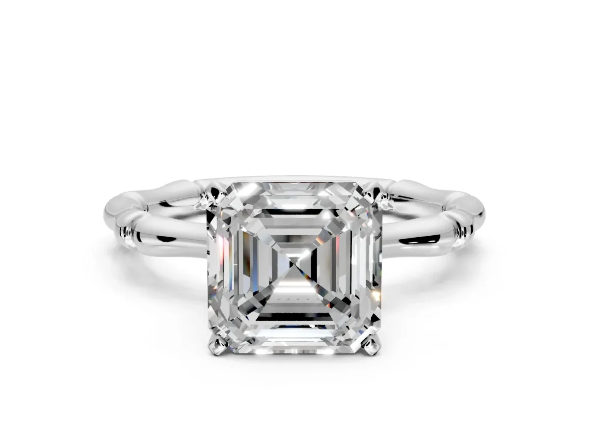 Solitaire Engagement Ring Setting for Asscher Cut Center with Bamboo Band and Prong Head in Platinum