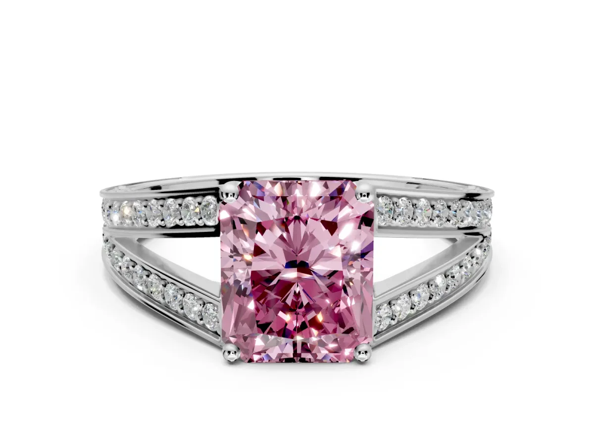 Split Shank Engagement Ring Setting for Fancy Pink Radiant Cut Center with Pave Split Shank and Prong Head in Sterling Silver