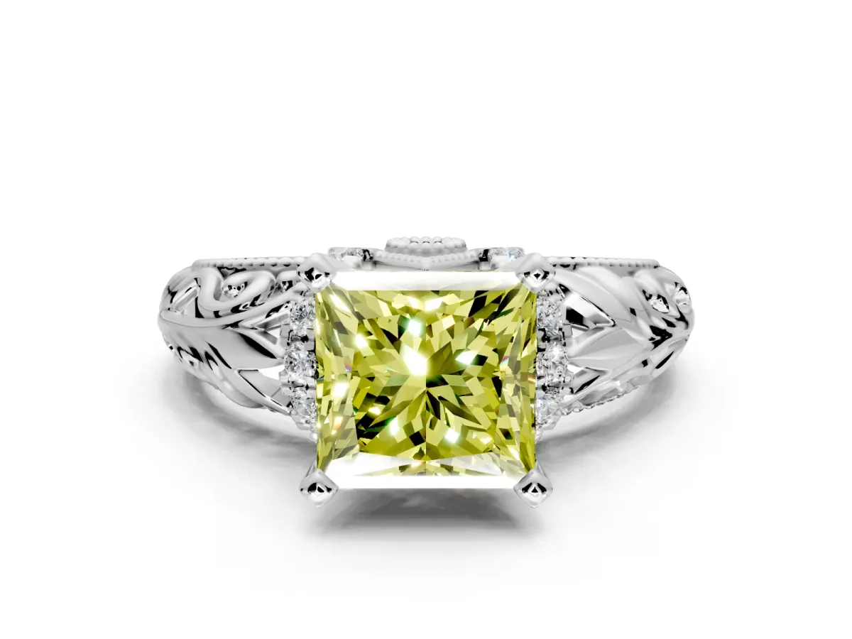 Solitaire Engagement Ring Setting for Fancy Yellow Princess Cut Center with Filigree Accent Basket and Prong Head in Platinum