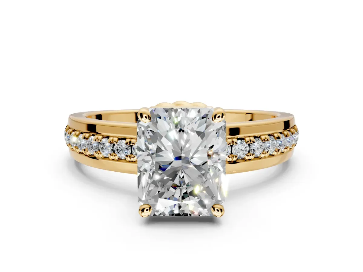 Solitaire Engagement Ring Setting for Radiant Cut Center with Raised Channel Band and Prong Head in Yellow Gold
