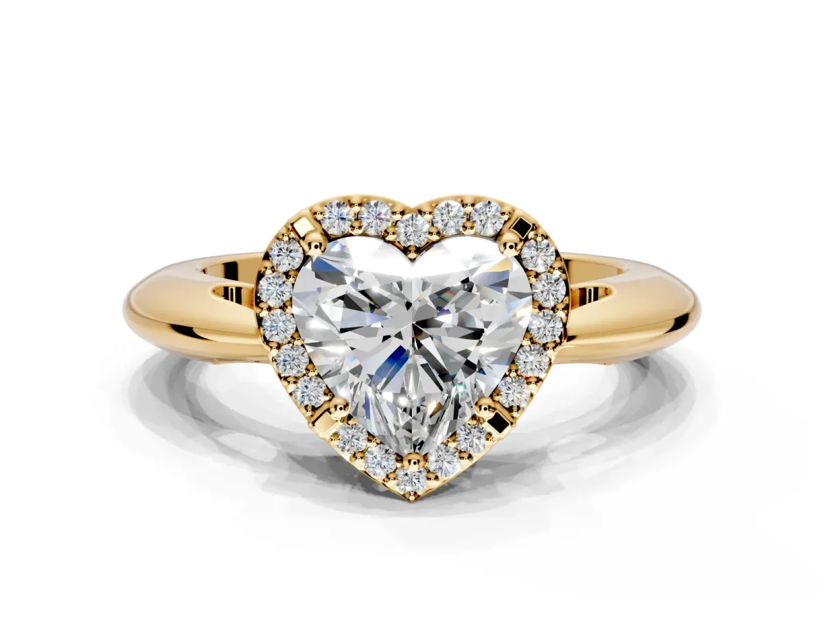 Halo Engagement Ring Setting for Heart-Shaped Center with Tapered Plain Band and Prong Head in Yellow Gold