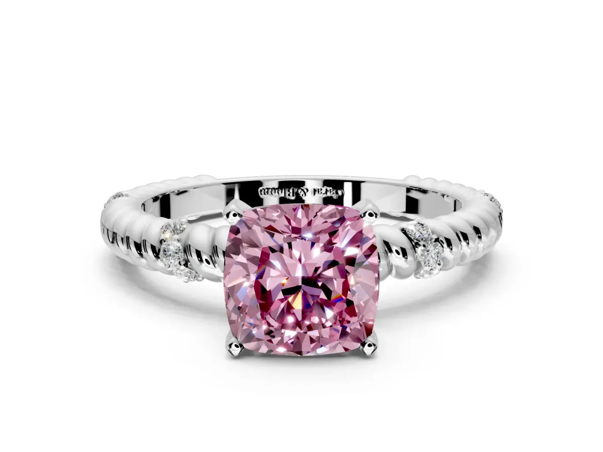 Rope Engagement Ring Setting for Fancy Pink Cushion Cut Center with Accent Shoulders and Prong Head in White Gold