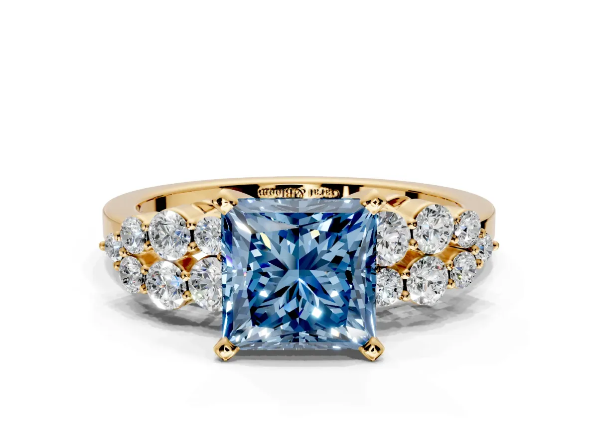 Cluster Engagement Ring Setting for Fancy Blue Princess Cut Center with 2-Row Shoulder Clusters and Prong Head in Yellow Gold