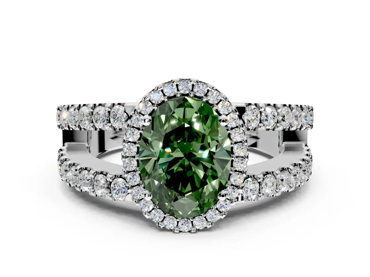 Halo Engagement Ring Setting for Fancy Green Oval Center with Wide-Open Pave Split Shank and Prong Head in Platinum