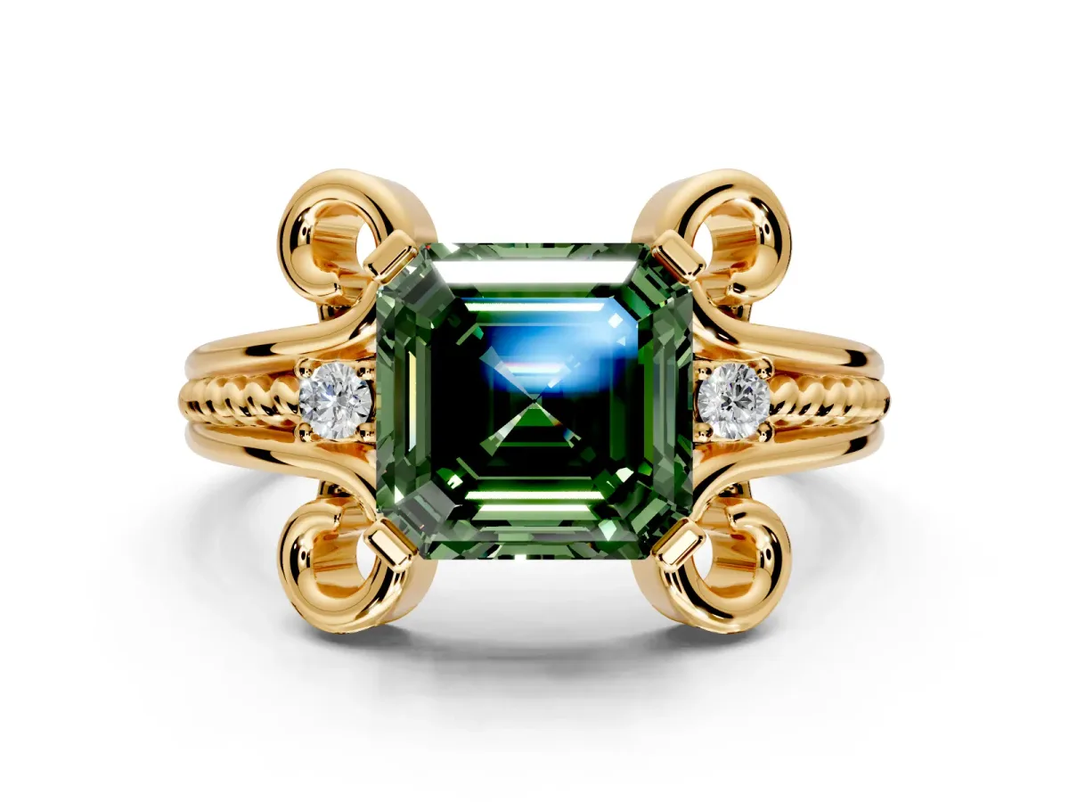 Solitaire Engagement Ring Setting for Fancy Green Asscher Cut Center with Twisted Band and Scroll Prong Head in Yellow Gold