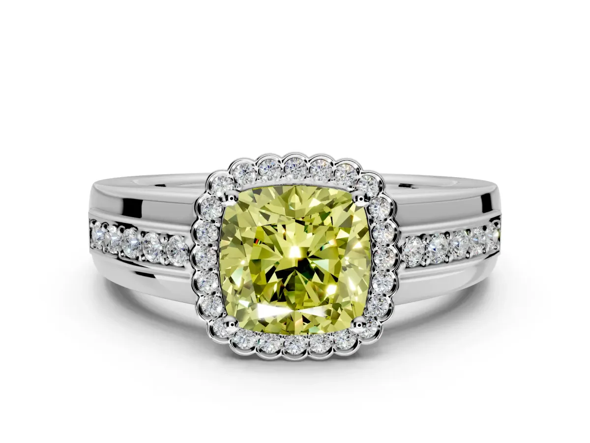 Halo Engagement Ring Setting for Fancy Yellow Cushion Cut Center with Wide Band, Inlaid Accent Row and Prong Head in Sterling Silver