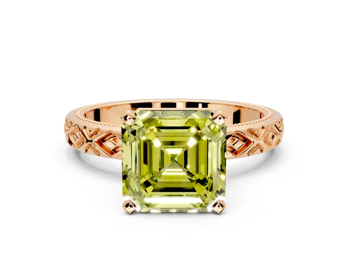 Solitaire Engagement Ring Setting for Fancy Yellow Asscher Cut Center with Milgrain X Pattern Band and Prong Head in Rose Gold