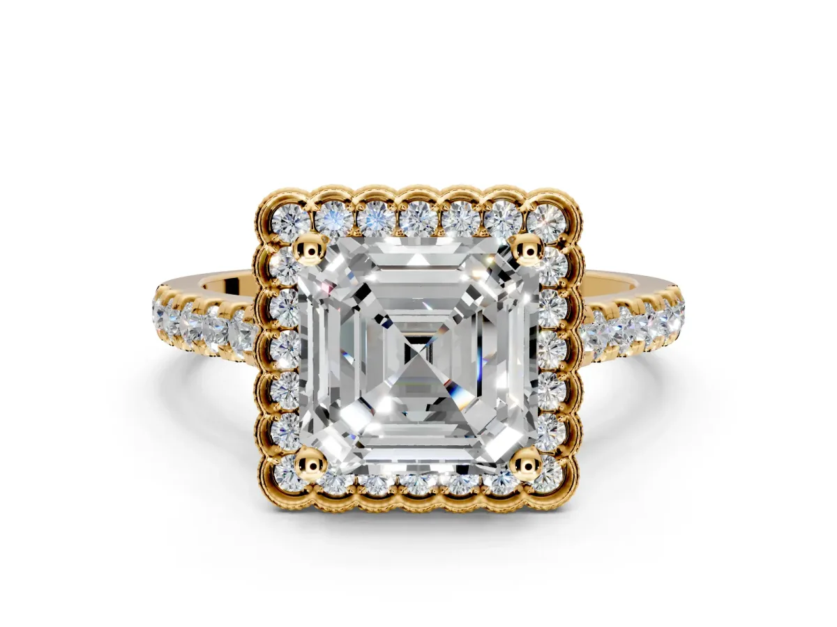 Milgrain Floral Halo Engagement Ring Setting for Asscher Cut Center with Pave Band and Prong Head in Yellow Gold