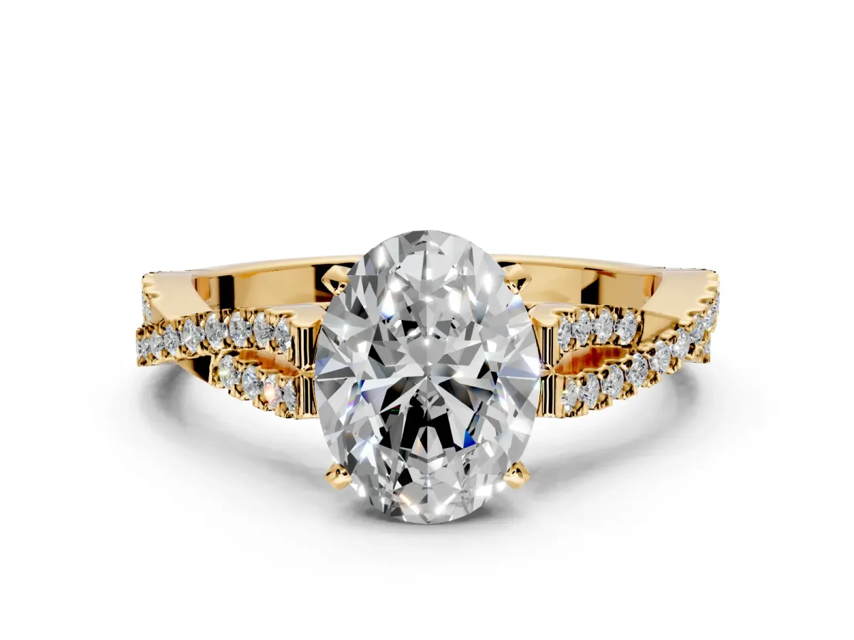 Solitaire Engagement Ring Setting for Oval Center with Twisted Pave Split Shank and Prong Head in Yellow Gold