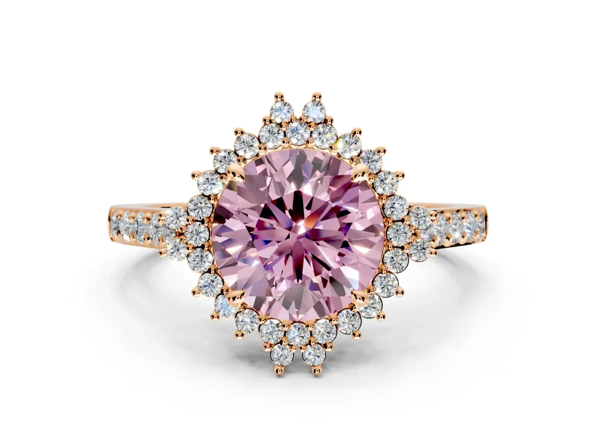 Sunburst Halo Engagement Ring Setting for Fancy Pink Round Cut Center with Pave Band and Prong Head in Rose Gold