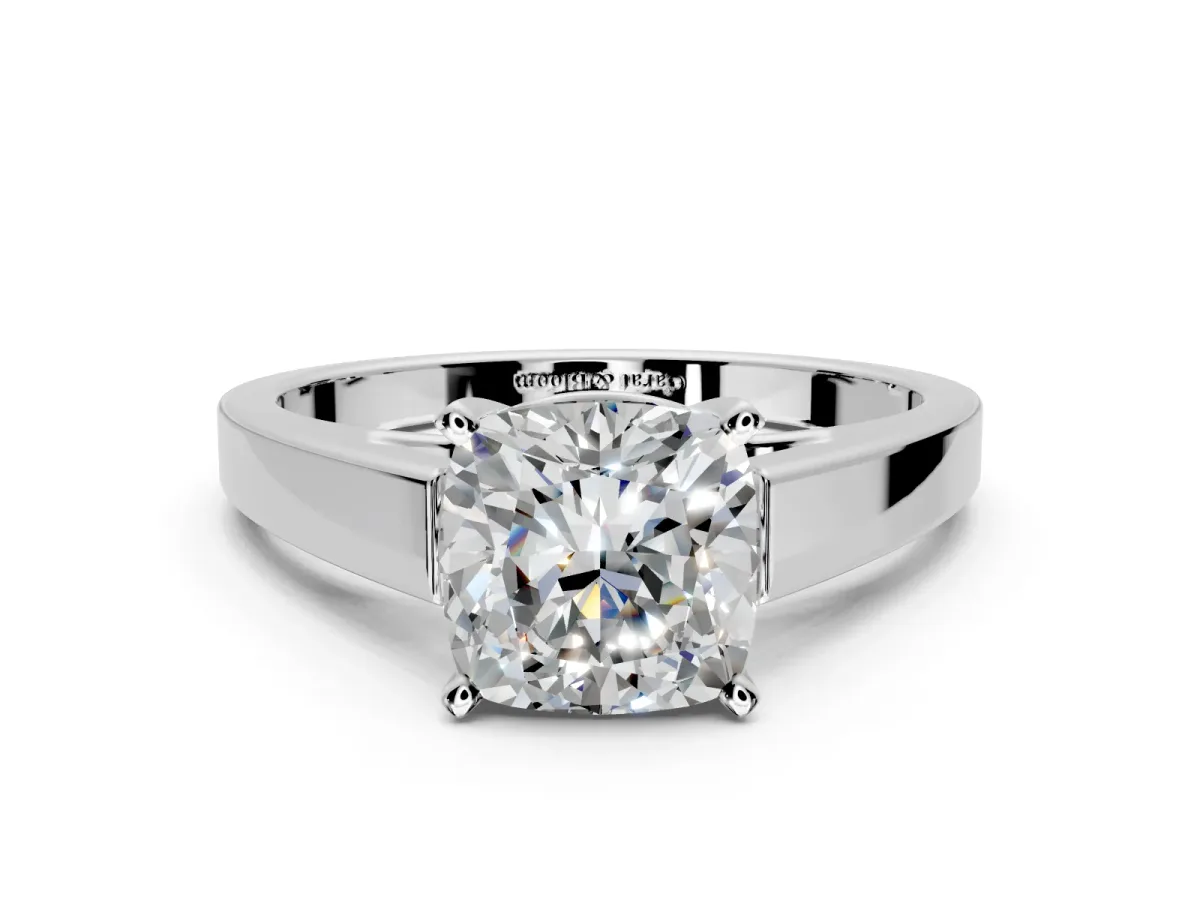 Solitaire Engagement Ring Setting for Cushion Cut Center with Tapered Split Shoulders and Prong Head in White Gold