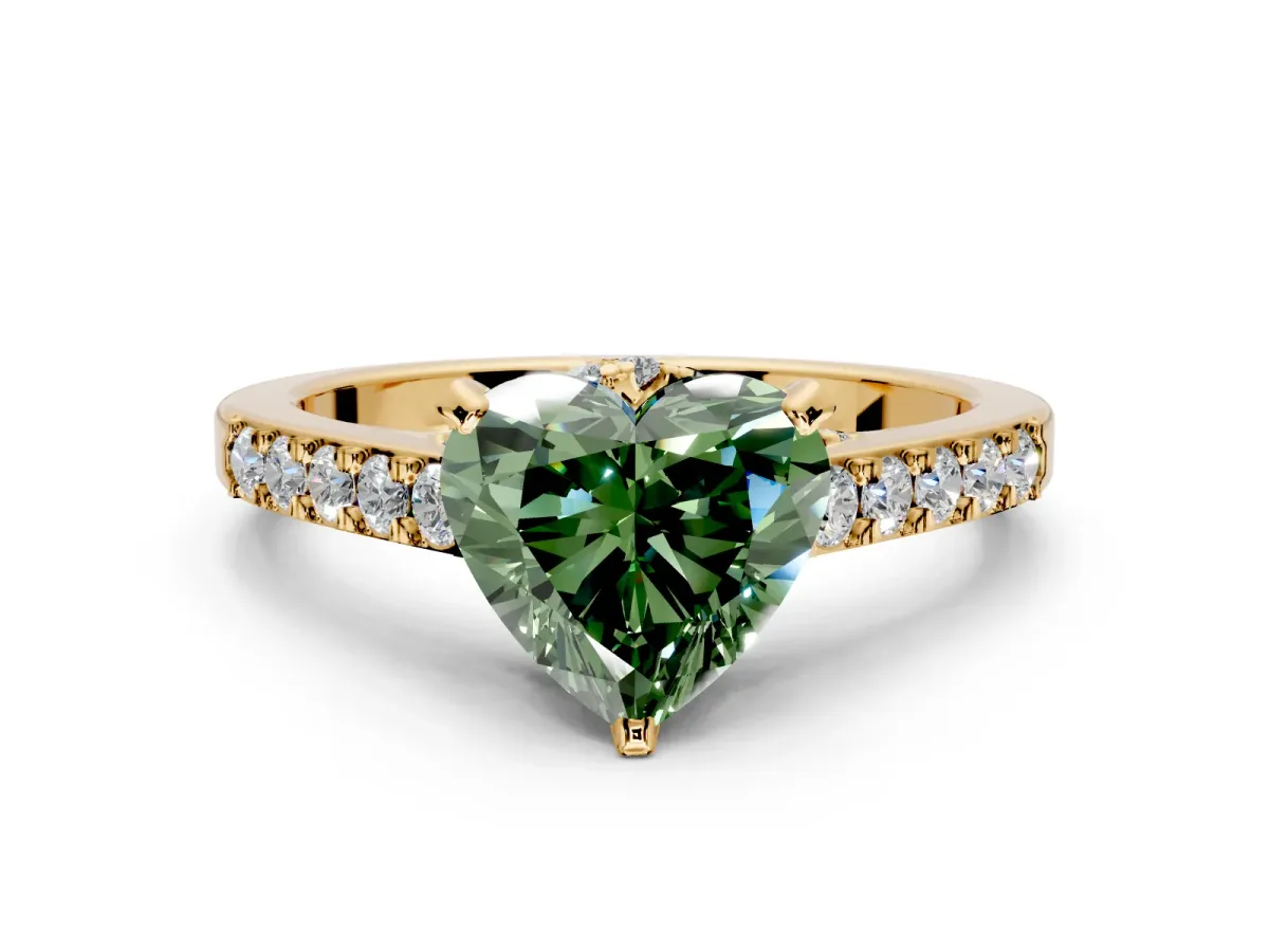 Solitaire Engagement Ring Setting for Fancy Green Heart-Shaped Center with Crossover Accents and Prong Head in Yellow Gold