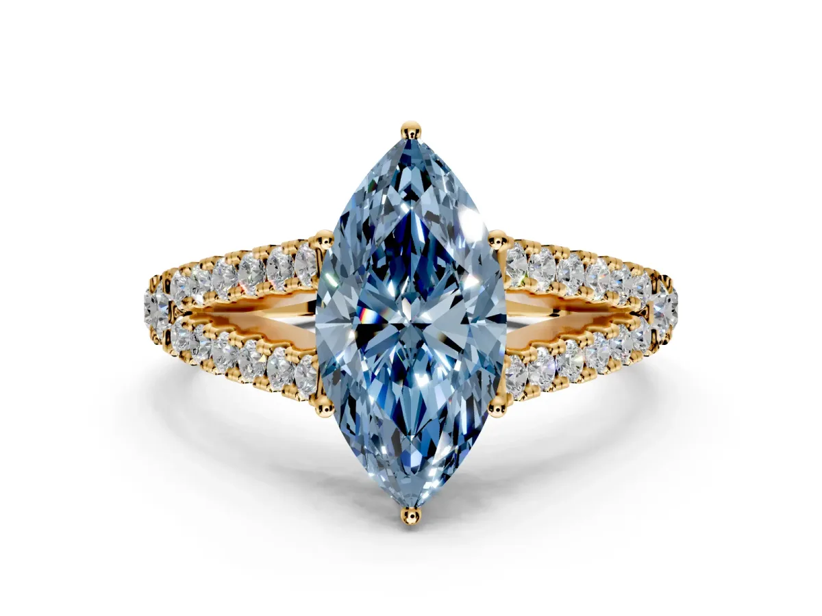 Solitaire Engagement Ring Setting for Fancy Blue Marquise Center with Pave Split Shank and Prong Head in Yellow Gold