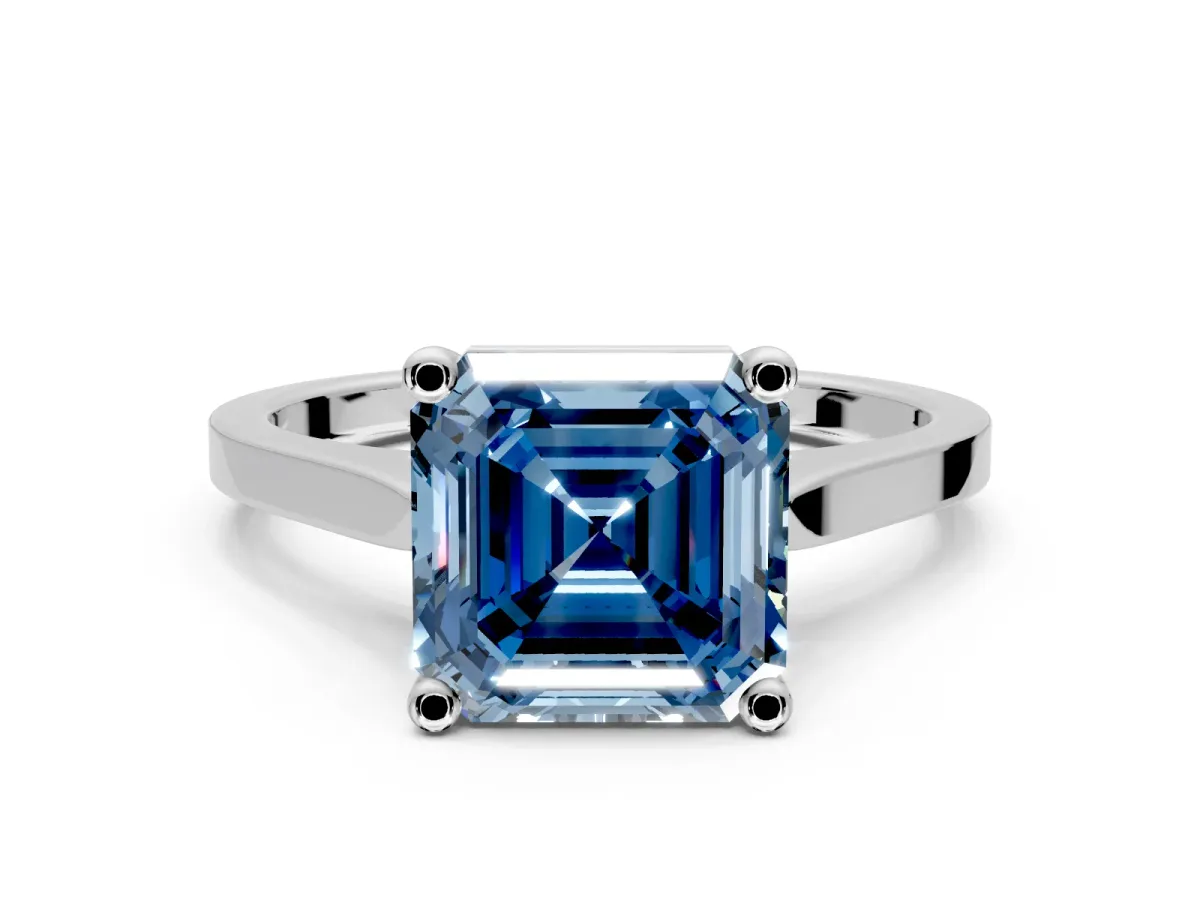 Solitaire Engagement Ring Setting for Fancy Blue Asscher Cut Center with Tapered Shoulders and Prong Head in Sterling Silver