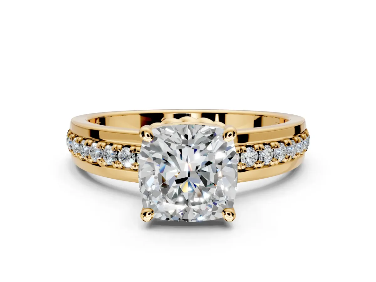 Solitaire Engagement Ring Setting for Cushion Cut Center with Raised Channel Band and Prong Head in Yellow Gold