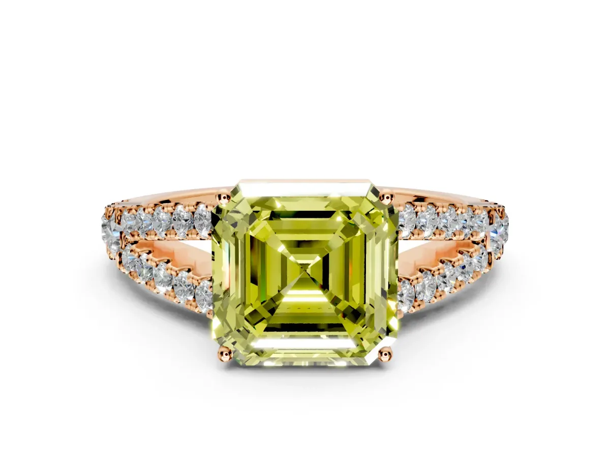 Solitaire Engagement Ring Setting for Fancy Yellow Asscher Cut Center with Pave Split Shank and Prong Head in Rose Gold