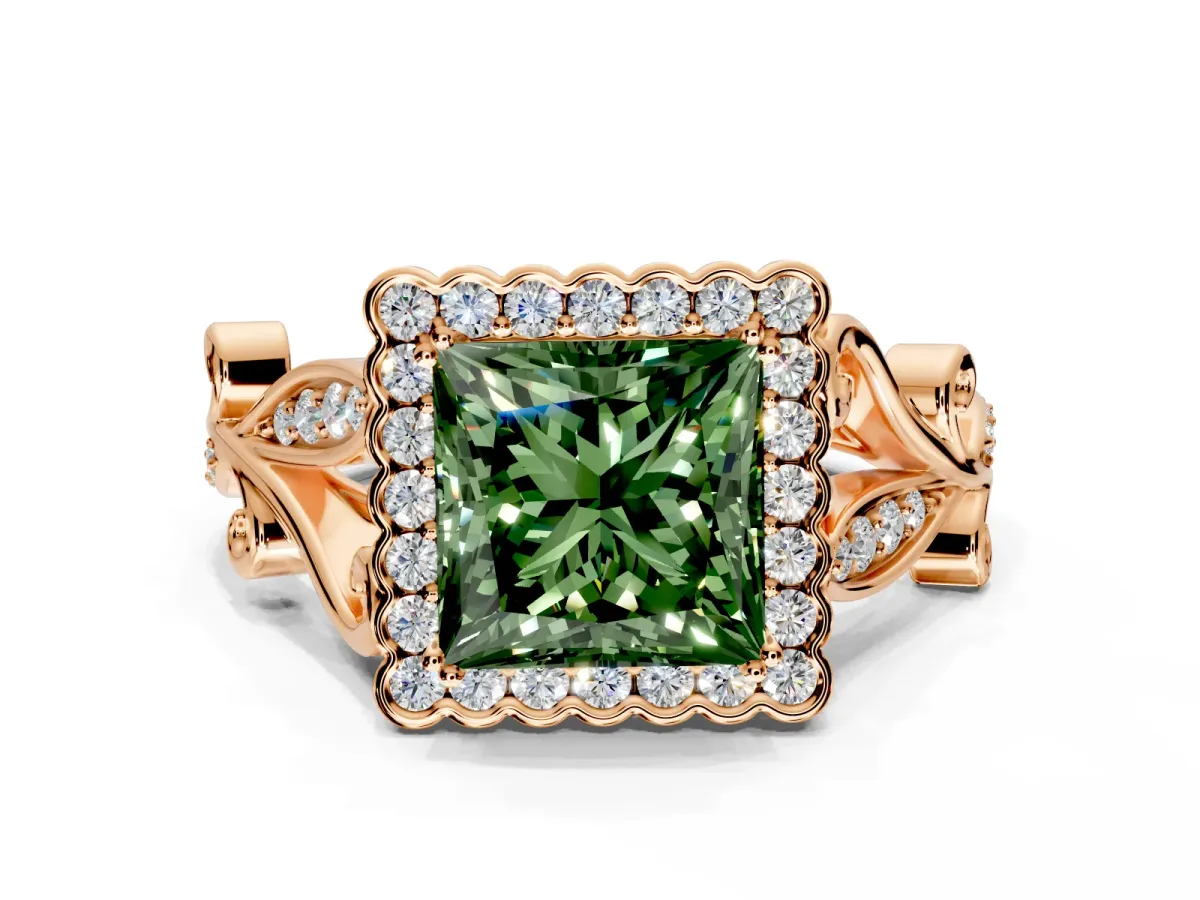 Halo Engagement Ring Setting for Fancy Green Princess Cut Center with Leaf Motif Split Shank and Prong Head in Rose Gold