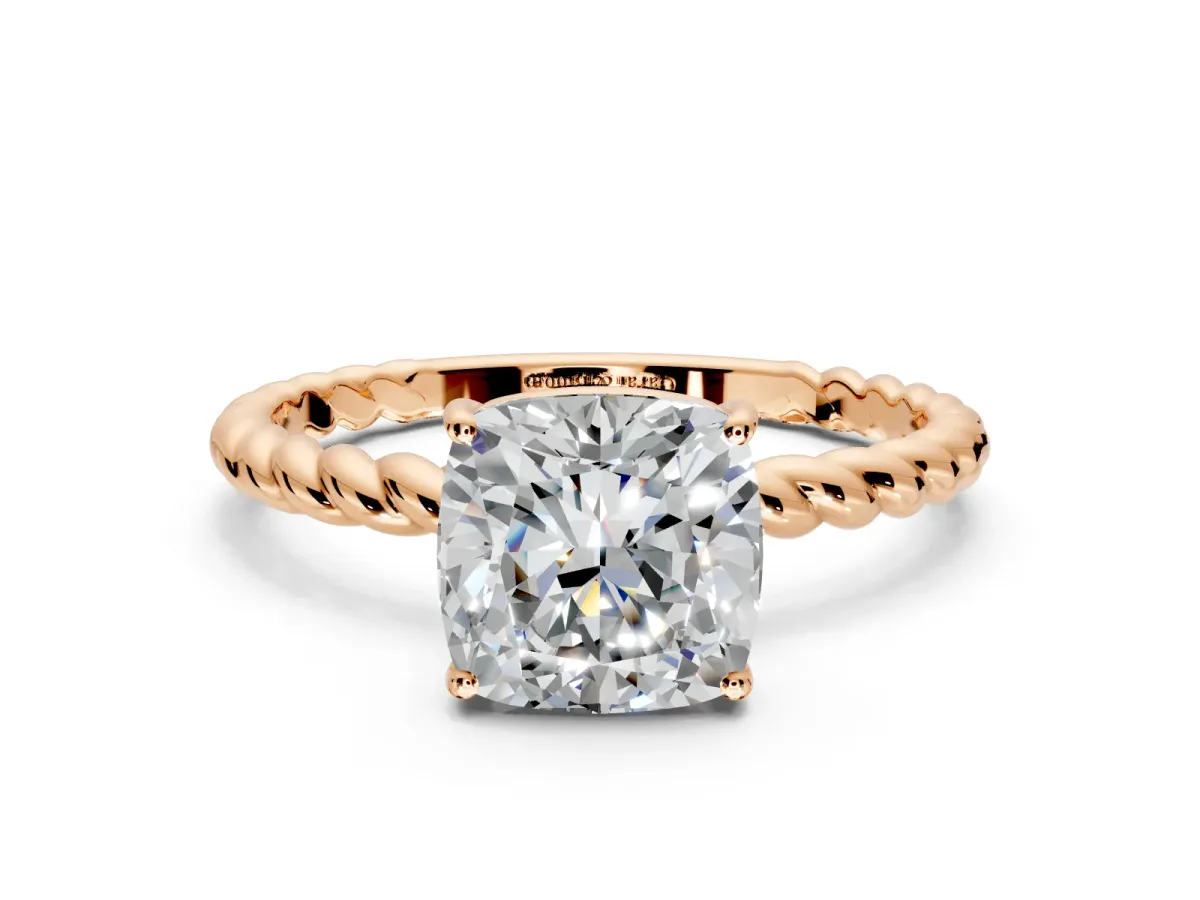Solitaire Engagement Ring Setting for Cushion Cut Center with Plain Twisted Rope Band and Prong Head in Rose Gold