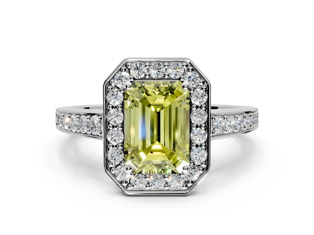 Bezel-Framed Halo Engagement Ring Setting for Fancy Yellow Emerald Cut Center with Pave Band and Prong Head in Platinum