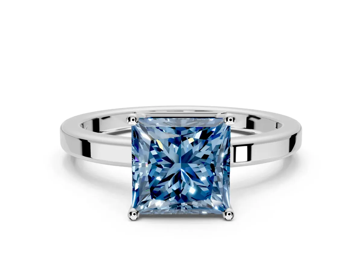 Hidden Halo Engagement Ring Setting for Fancy Blue Princess Cut Center with Wide Flat Plain Band and Prong Head in Platinum