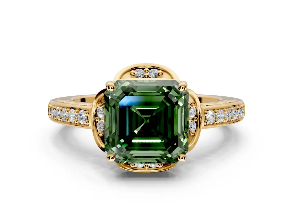 Floral Engagement Ring Setting for Fancy Green Asscher Cut Center with Four Accent Clusters and Prong Head in Yellow Gold