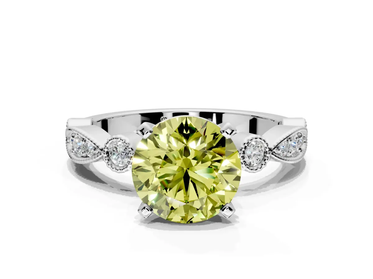 Solitaire Engagement Ring Setting for Fancy Yellow Round Cut Center with Milgrain Bezel Accents and Prong Head in Sterling Silver