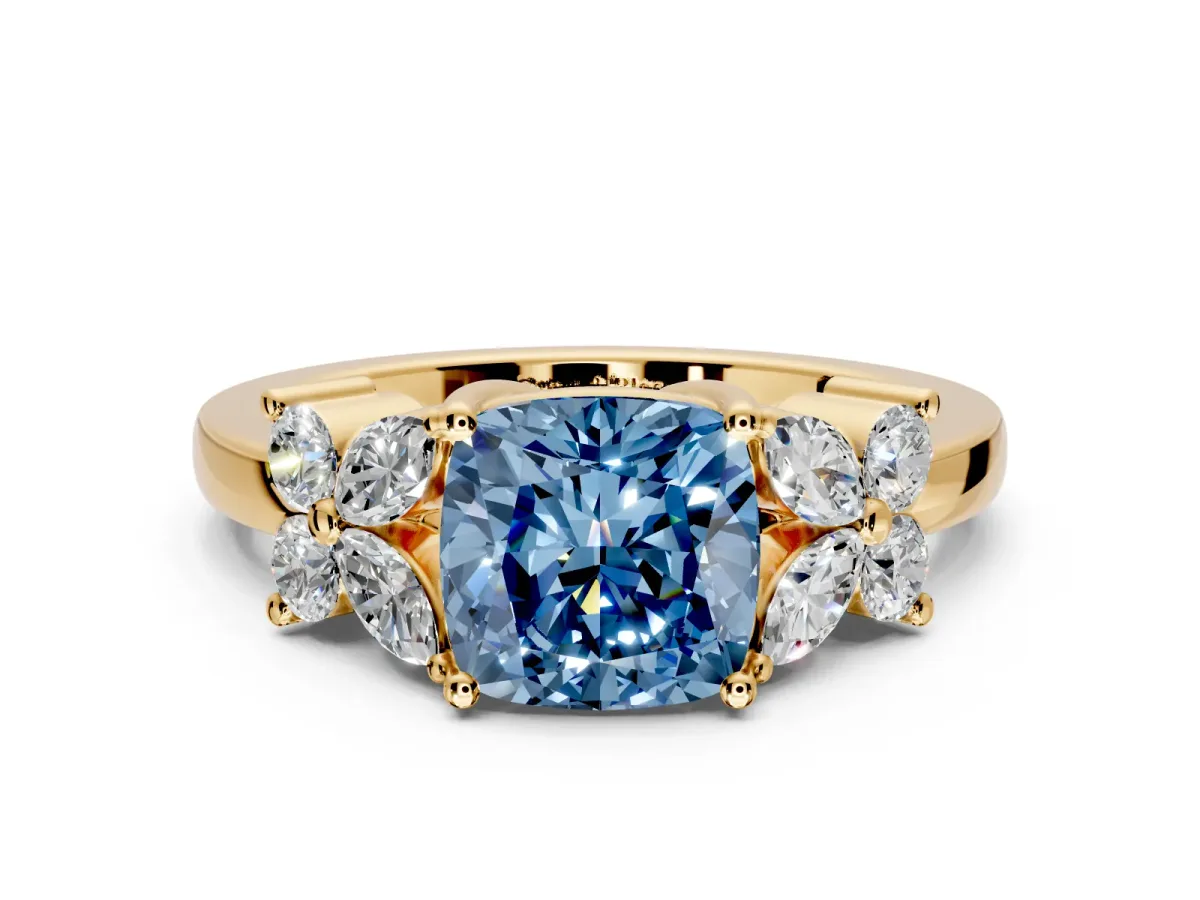 Floral Engagement Ring Setting for Fancy Blue Cushion Cut Center with Marquise Cluster Shoulders and Prong Head in Yellow Gold