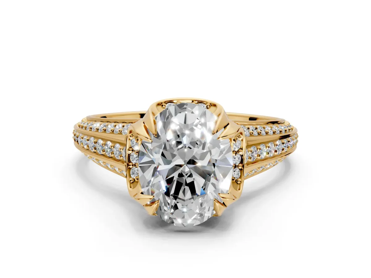 Solitaire Engagement Ring Setting for Oval Center with Accented Split Shank and Prong Head in Yellow Gold