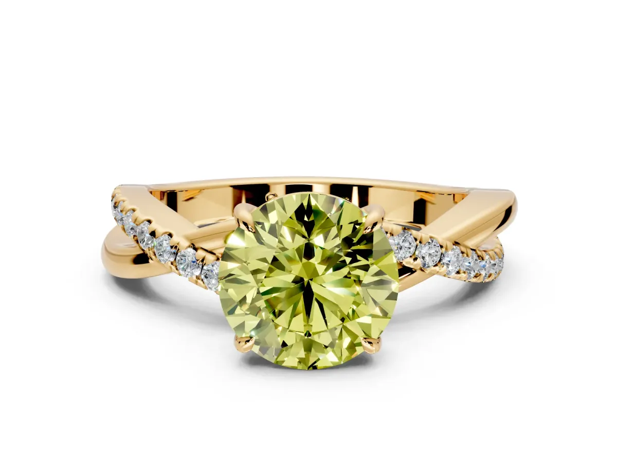 Crossover Engagement Ring Setting for Fancy Yellow Round Cut Center with Pave and Plain Strands and Prong Head in Yellow Gold