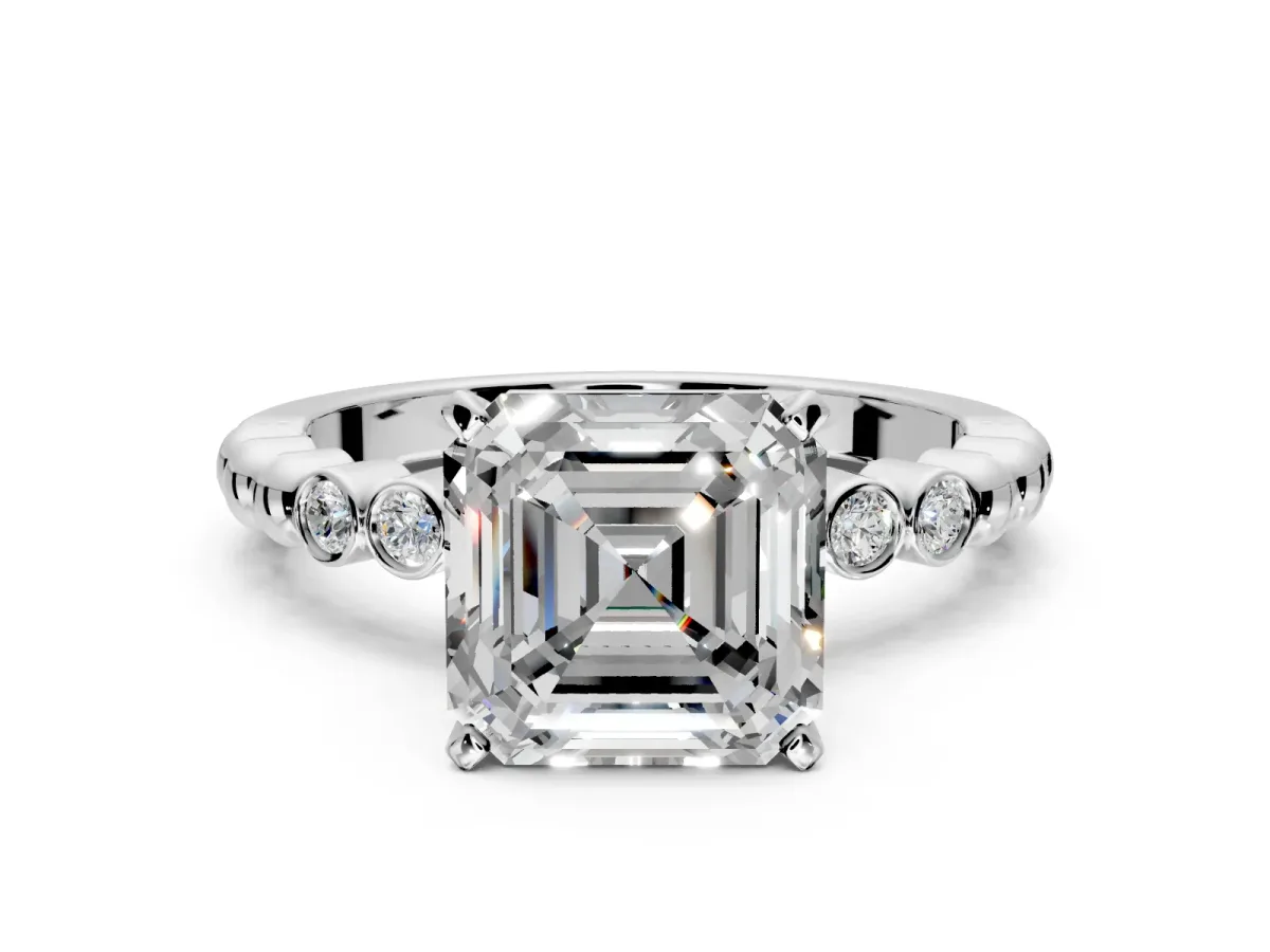 Solitaire Engagement Ring Setting for Asscher Cut Center with Bezel-Dot Beaded Band and Prong Head in Platinum