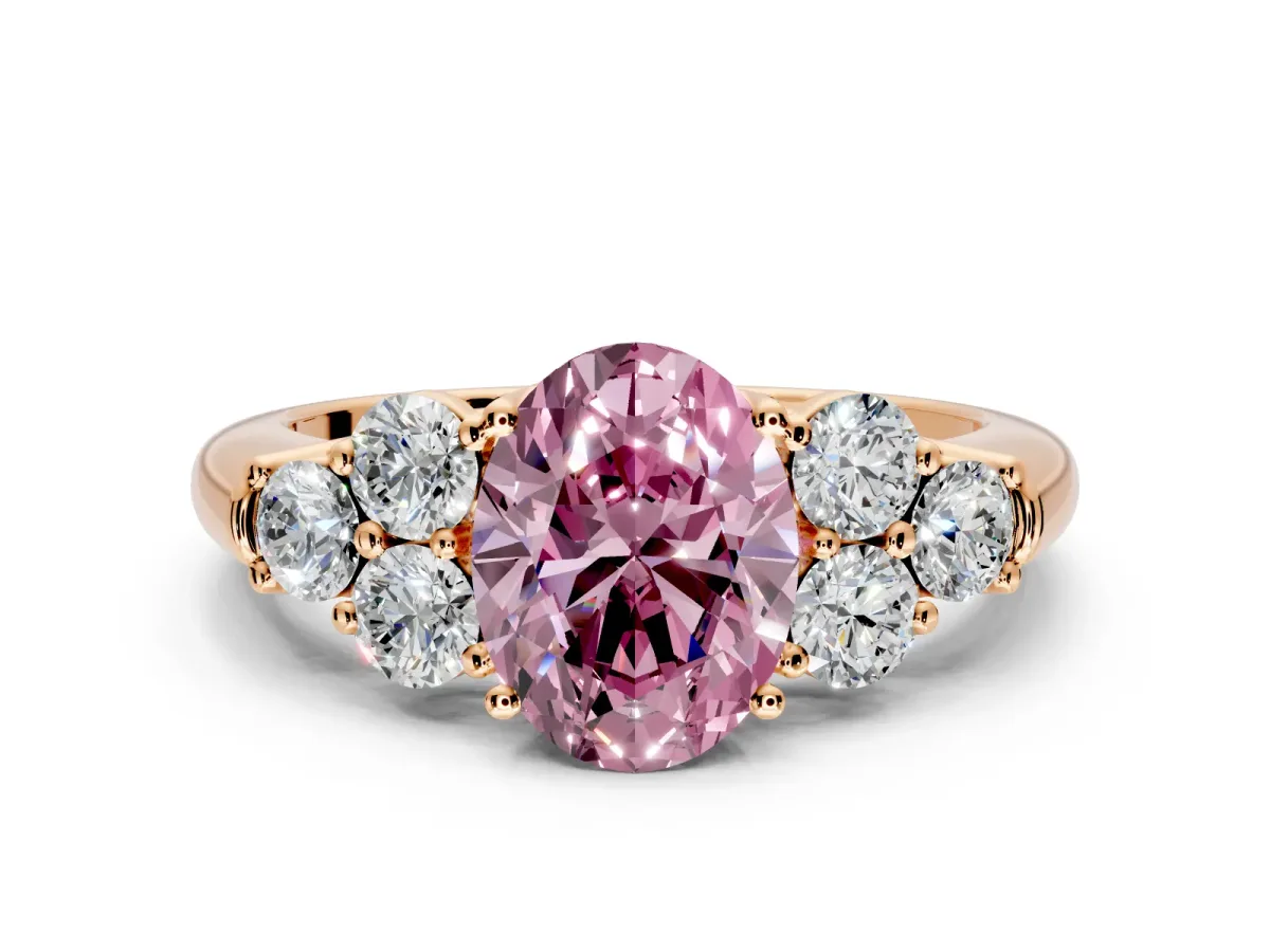 Cluster Engagement Ring Setting for Fancy Pink Oval Center with Round Cut Accent Frame and Prong Head in Rose Gold