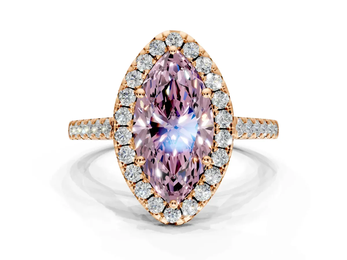 Halo Engagement Ring Setting for Fancy Pink Marquise Center with Narrowing Pave Band and Prong Head in Rose Gold