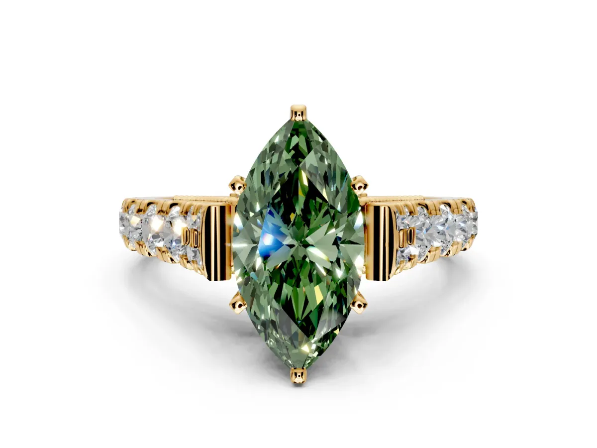 Solitaire Engagement Ring Setting for Fancy Green Marquise Center with Pave Cathedral Shoulders and Prong Head in Yellow Gold