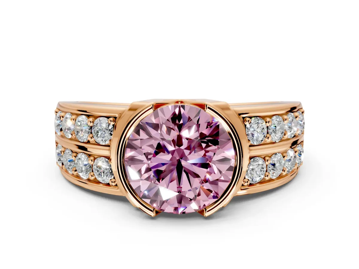 Bezel Engagement Ring Setting for Fancy Pink Round Cut Center with Wide Channel-Set Band and Bezel Head in Rose Gold
