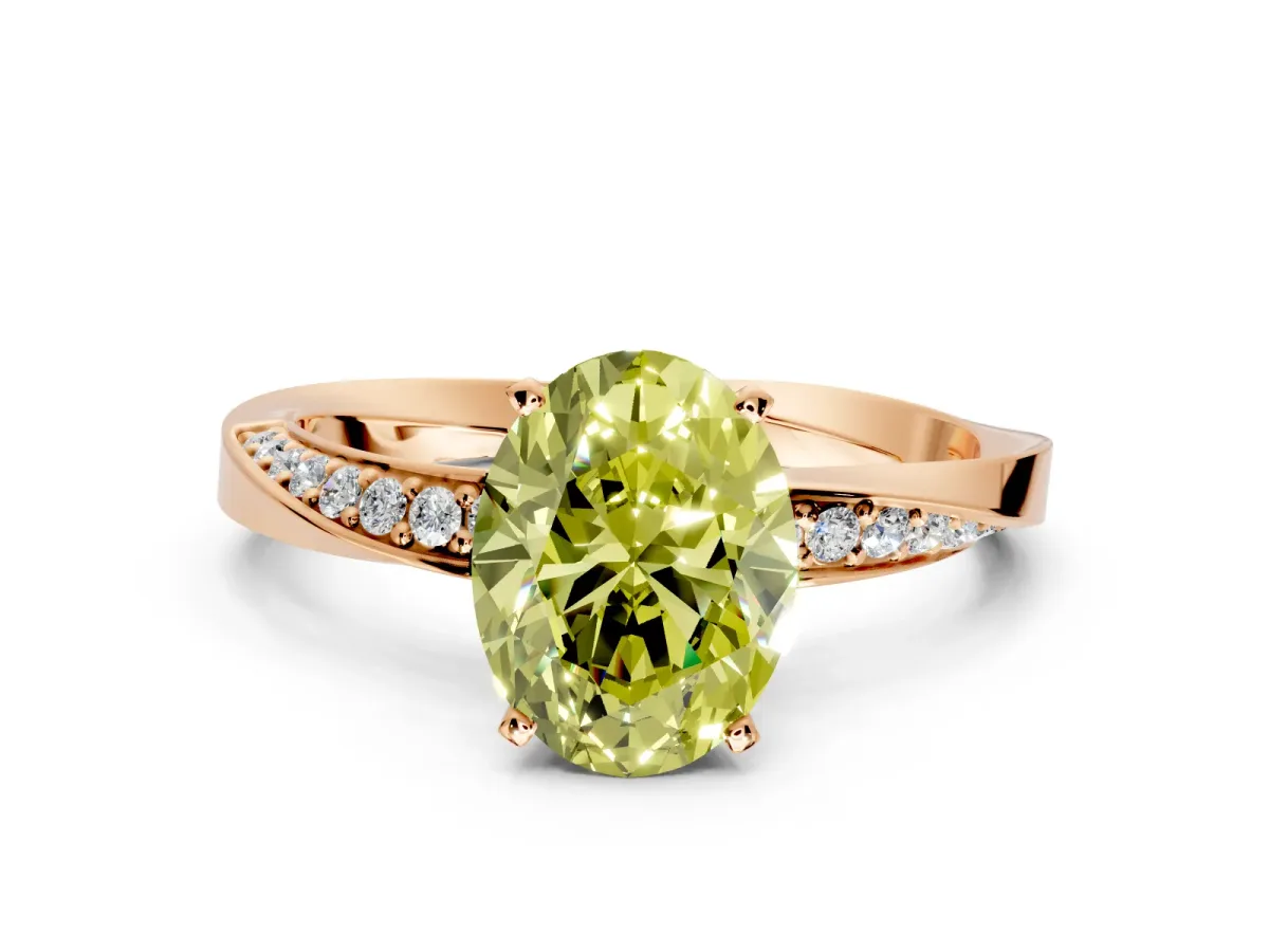 Side Accent Engagement Ring Setting for Fancy Yellow Oval Center with Accent Shoulders and Prong Head in Rose Gold