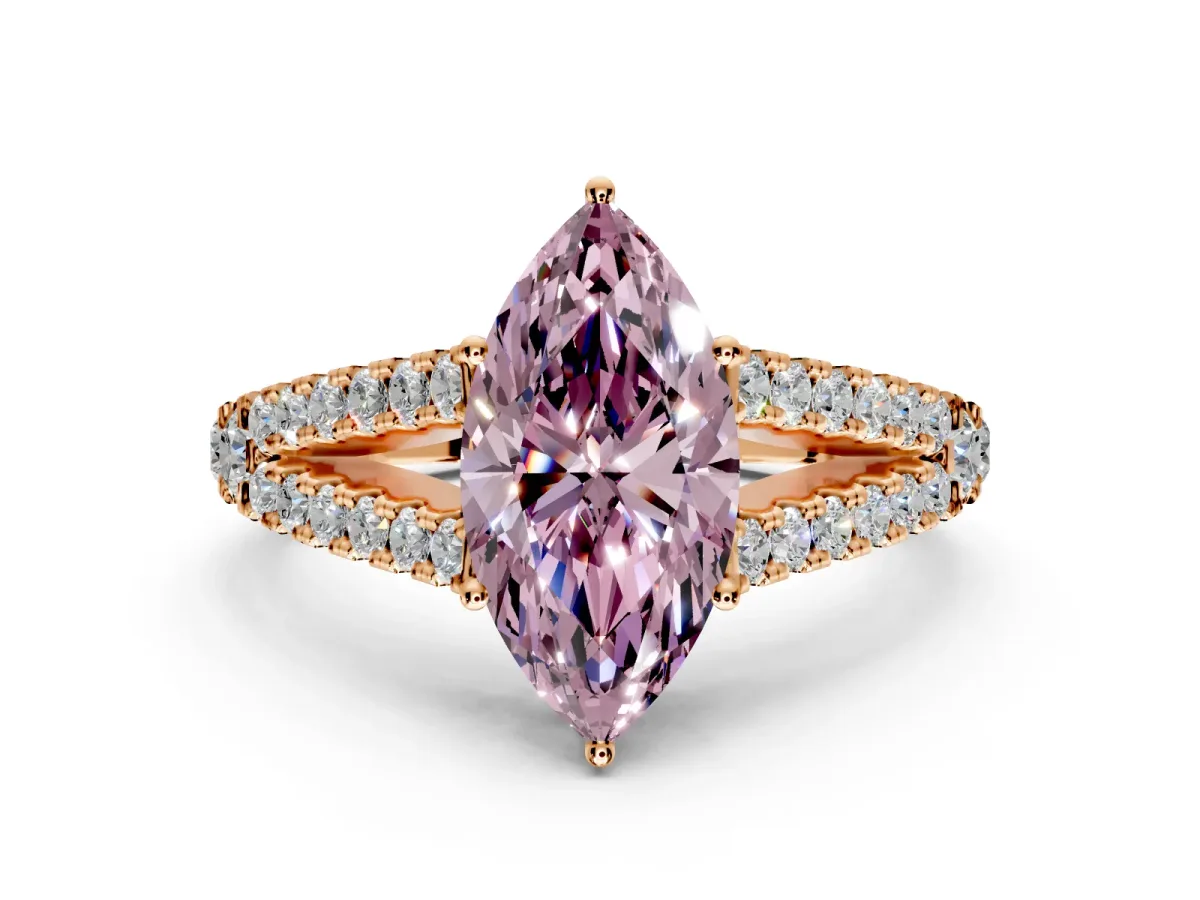Solitaire Engagement Ring Setting for Fancy Pink Marquise Center with Pave Split Shank and Prong Head in Rose Gold