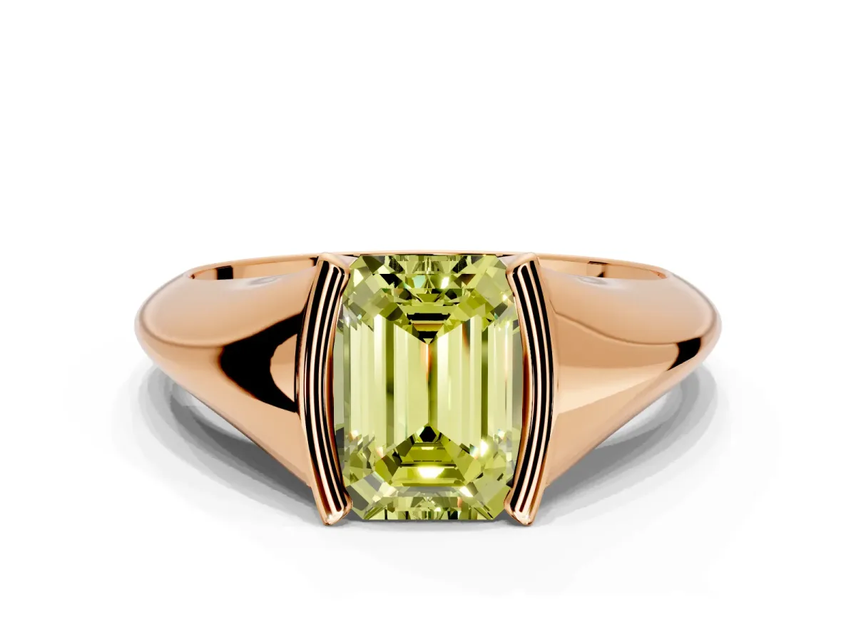 Tension Engagement Ring Setting for Fancy Yellow Emerald Cut Center with Wide Tapered Band and Tension Head in Rose Gold