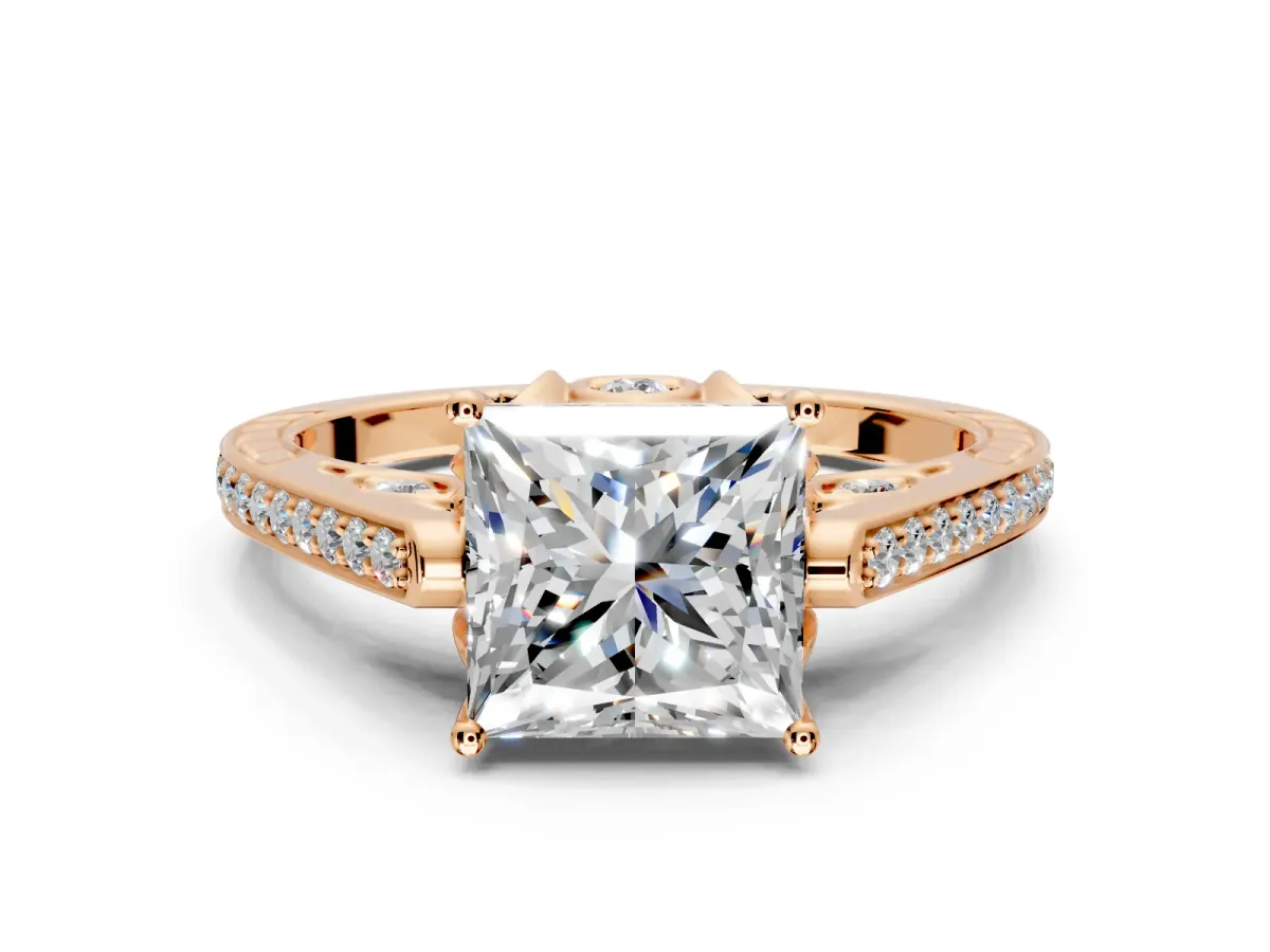 Cathedral Engagement Ring Setting for Princess Cut Center with Antique-Style Pave Band and Prong Head in Rose Gold