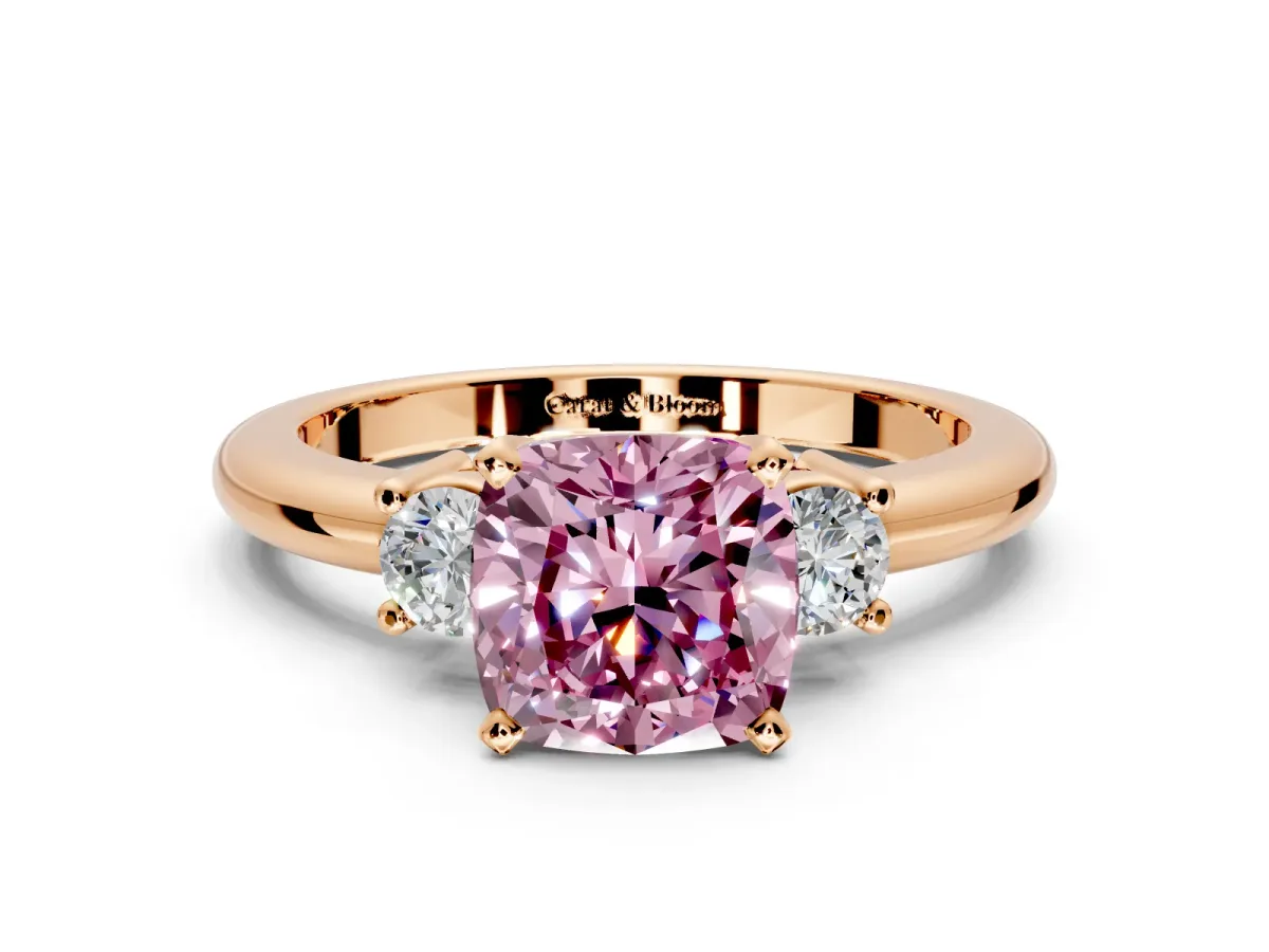 3 Stone Engagement Ring Setting for Fancy Pink Cushion Cut Center with Wide Plain Band and Prong Head in Rose Gold
