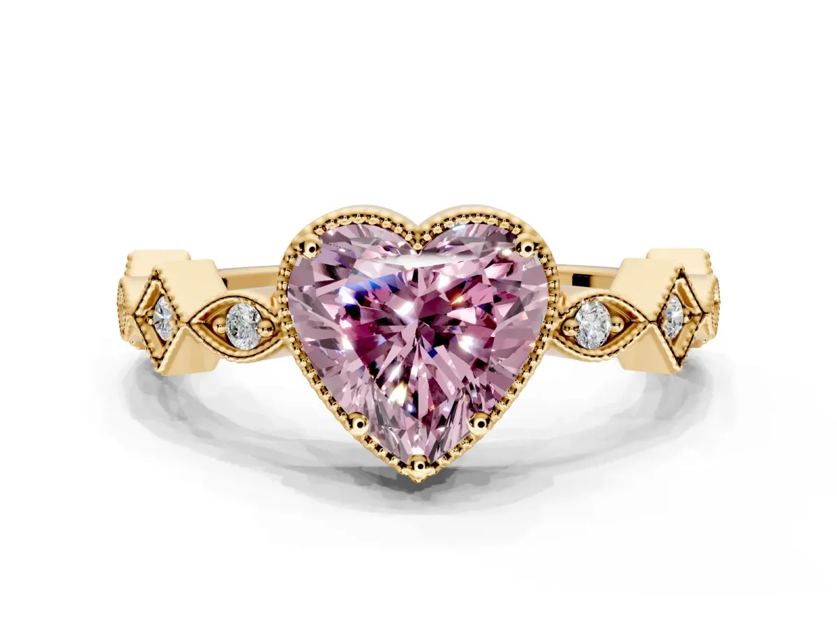 Milgrain Bezel Engagement Ring Setting for Fancy Pink Heart-Shaped Center with Marquise Stations and Bezel Head in Yellow Gold