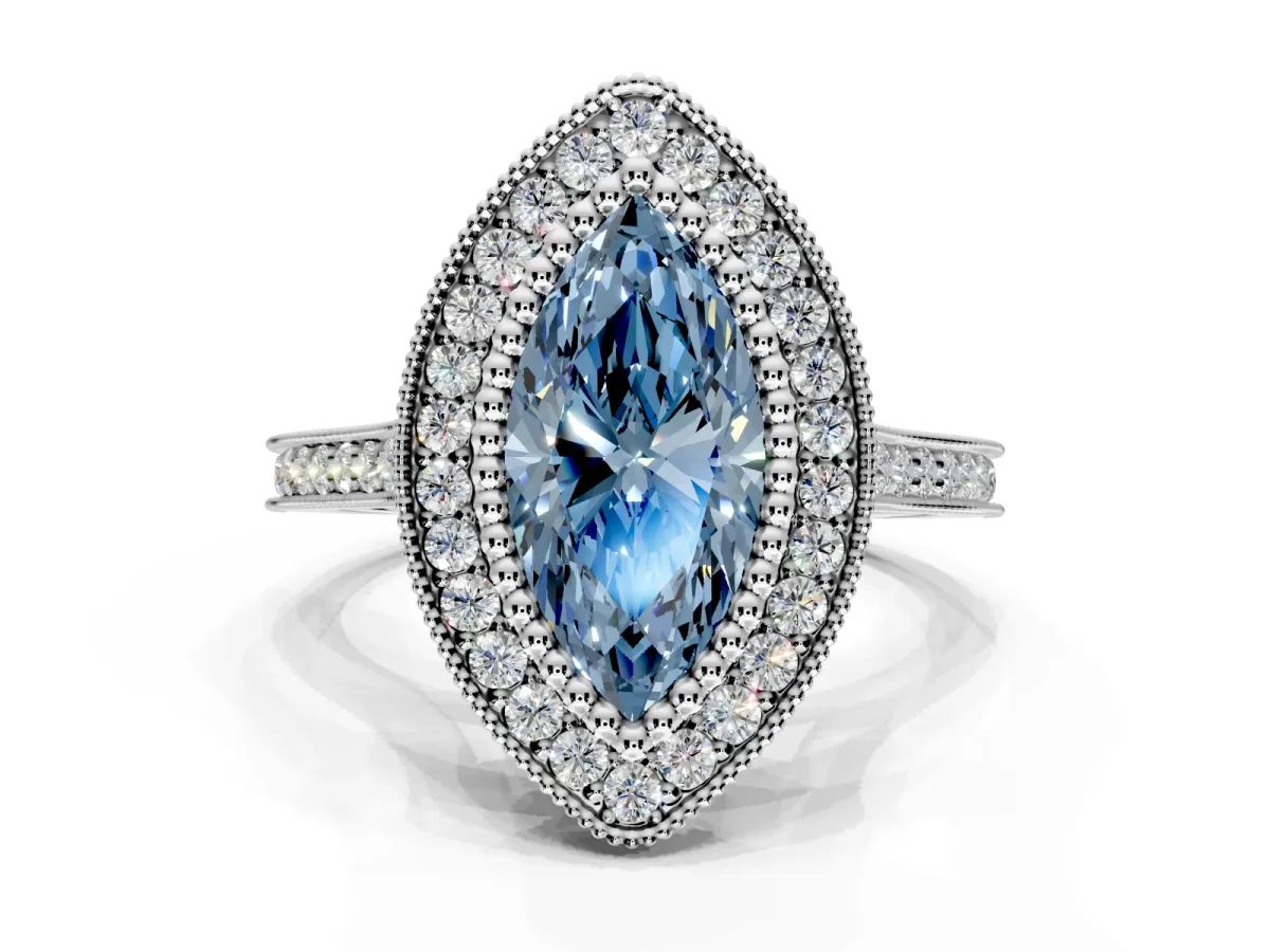Halo Engagement Ring Setting for Fancy Blue Marquise Center with Milgrain Frame, Pave Band and Prong Head in Platinum