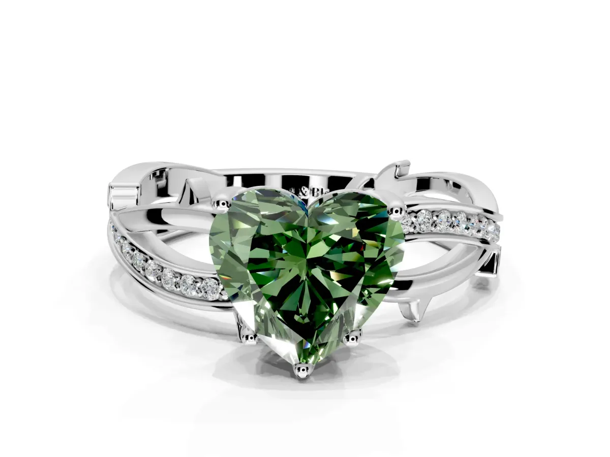 Solitaire Engagement Ring Setting for Fancy Green Heart-Shaped Center with Pave and Plain Crossover Band and Prong Head in Sterling Silver
