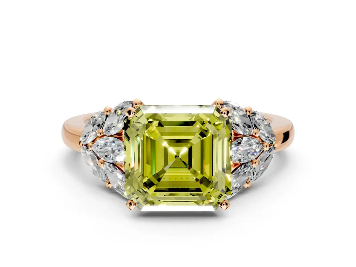 Leaf Cluster Engagement Ring Setting for Fancy Yellow Asscher Cut Center with Marquise Accents and Prong Head in Rose Gold