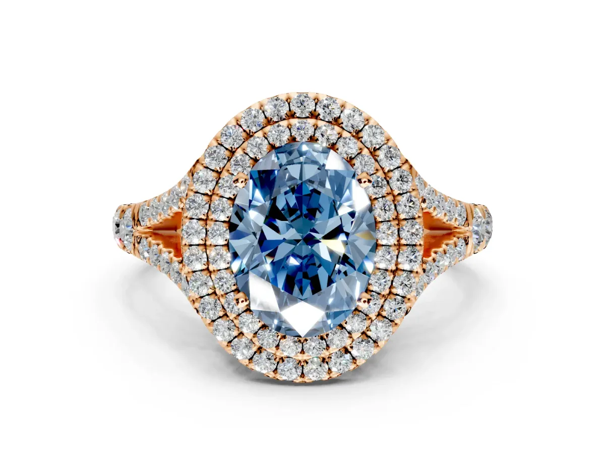 Double Halo Engagement Ring Setting for Fancy Blue Oval Center with Narrow Pave Split Shank and Prong Head in Rose Gold