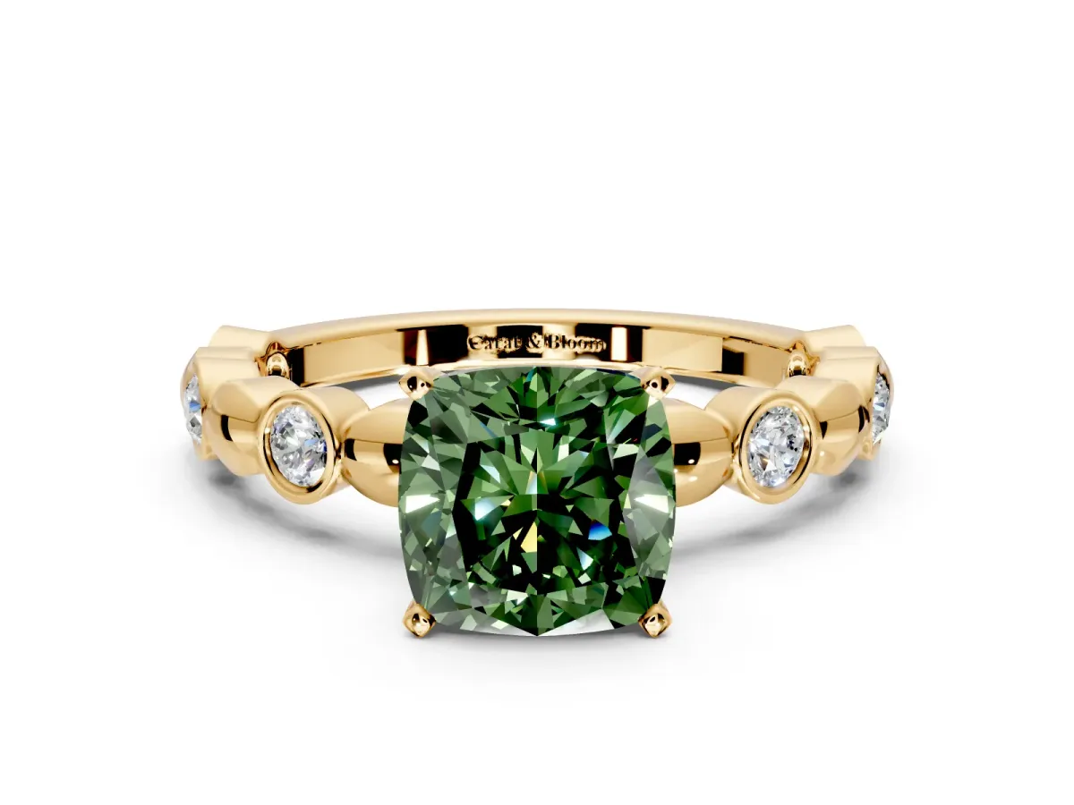 Solitaire Engagement Ring Setting for Fancy Green Cushion Cut Center with Beaded Bezel Station Band and Prong Head in Yellow Gold
