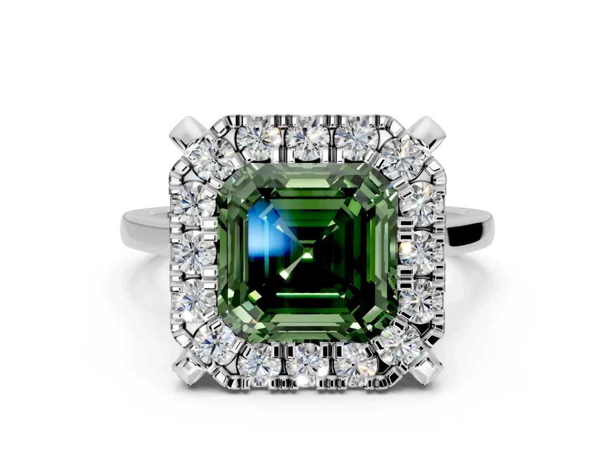 Single Halo Engagement Ring Setting for Fancy Green Asscher Cut Center with Corner Claws, Plain Band and Prong Head in Sterling Silver