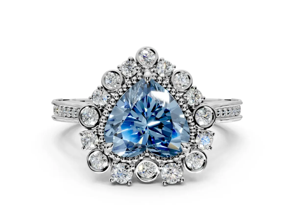 Milgrain Halo Engagement Ring Setting for Fancy Blue Heart-Shaped Center with Bezel Point Accents and Prong Head in Platinum